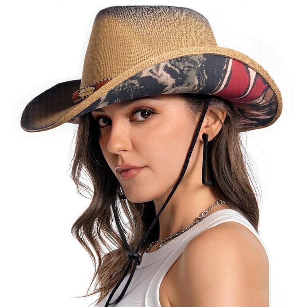 7382 Western Cowboy Hats and , Rolled Brim Straw Hats with Pattern，Music